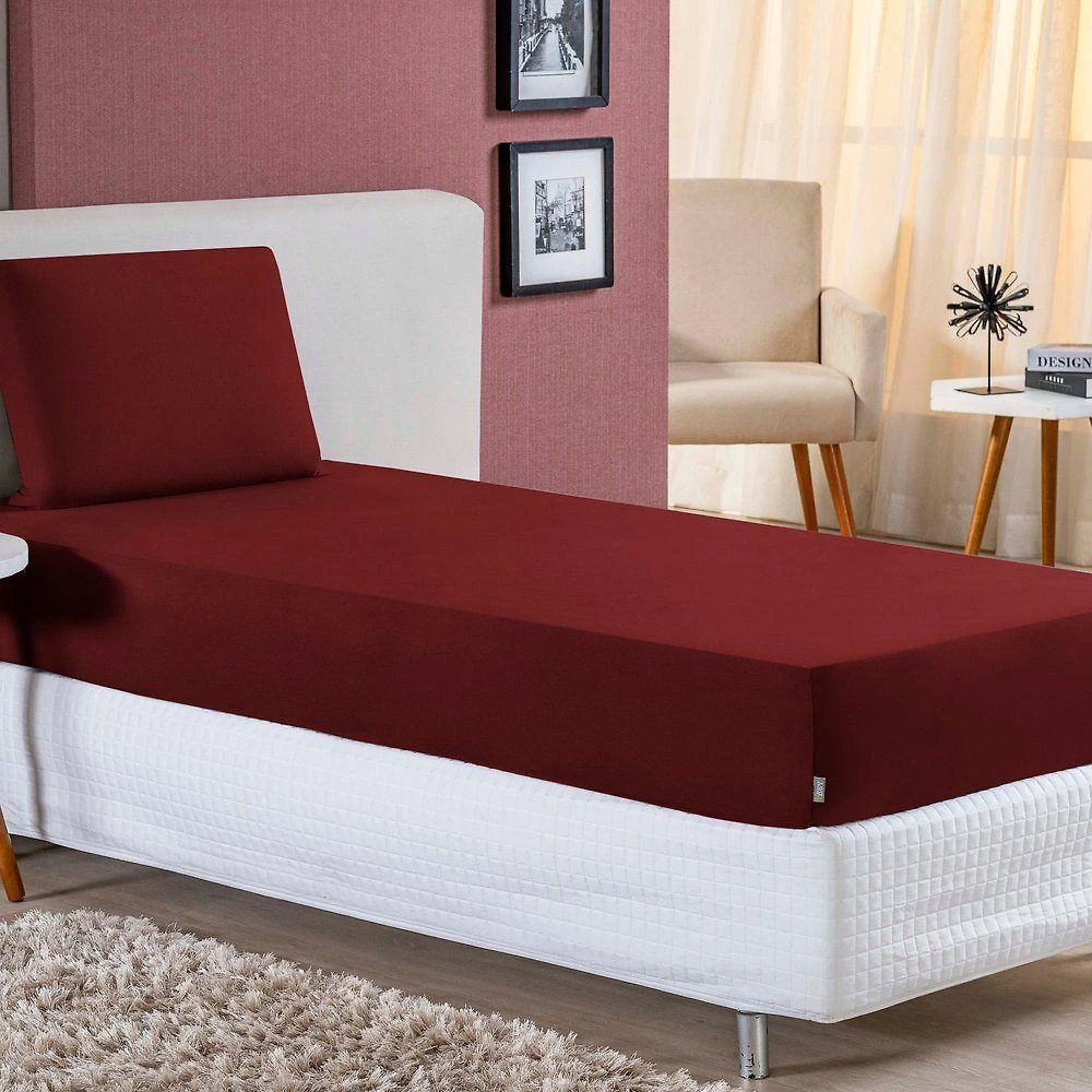 Jogo De Cama Solteiro Nobre 2 Peças Lençol Com Elástico De 30cm De Altura Malha 100% Algodão - Vinho