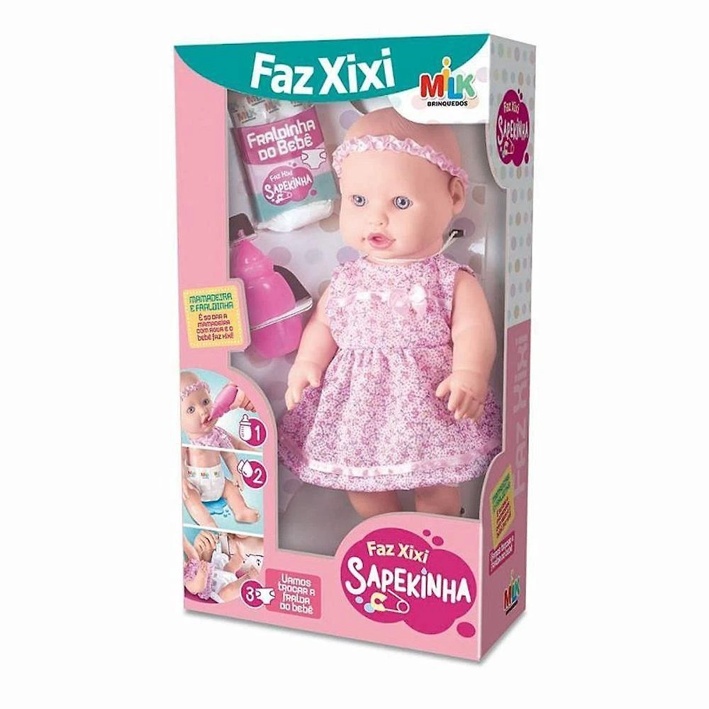 Boneca Sapekinha Faz Xixi 34cm com Mamadeira e Fralda Milk