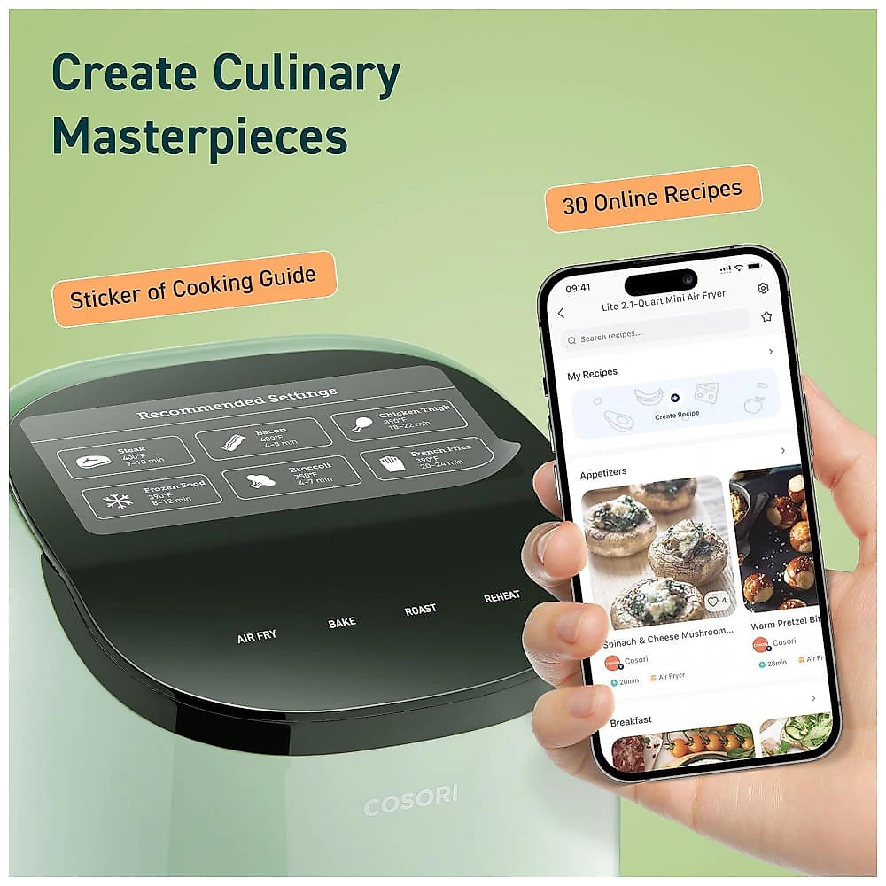 Fritadeira Elétrica Airfryer 2 Litros 4 em 1 com Cesto Antiaderente e Painel Digital, 110V 900W, COSORI, Verde