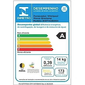 Lavadora de Roupas Brastemp BWF14AB 14kg Smart Sensor Ciclo Tira Mancha Cesto Inox Branca 110V