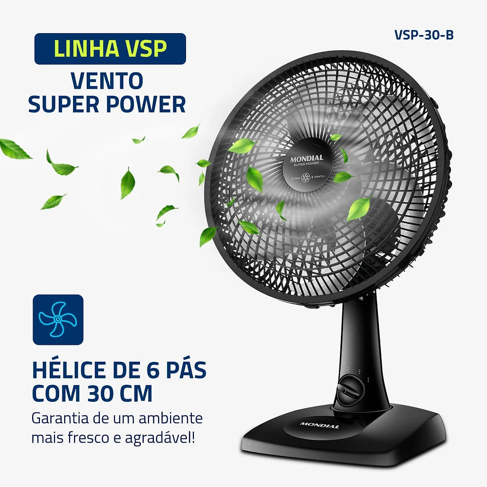 Miniatura Ventilador de Mesa Mondial - 06 Pás - VSP-30-B VENT 30CM VSP-30-B 127V/60HZ SUPER POWER