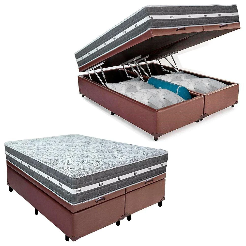 Cama Box Baú Casal Bipartido Sintético Black Graphite com Colchão Molas Ensacadas Marrom Anjos