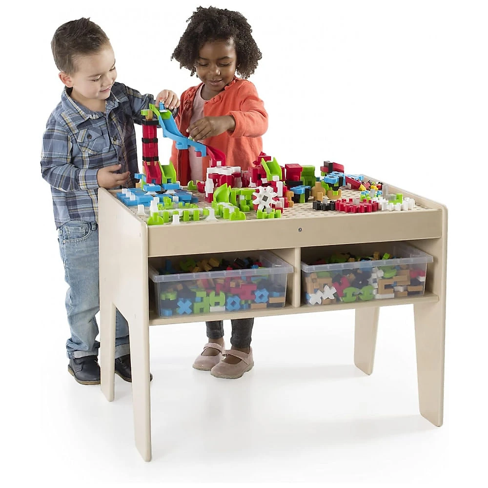 Mesa de atividades Guidecraft IO Blocks Center em madeira com 458 peças de construção e 4 bins de armazenamento - Brinquedo Educacional STEM