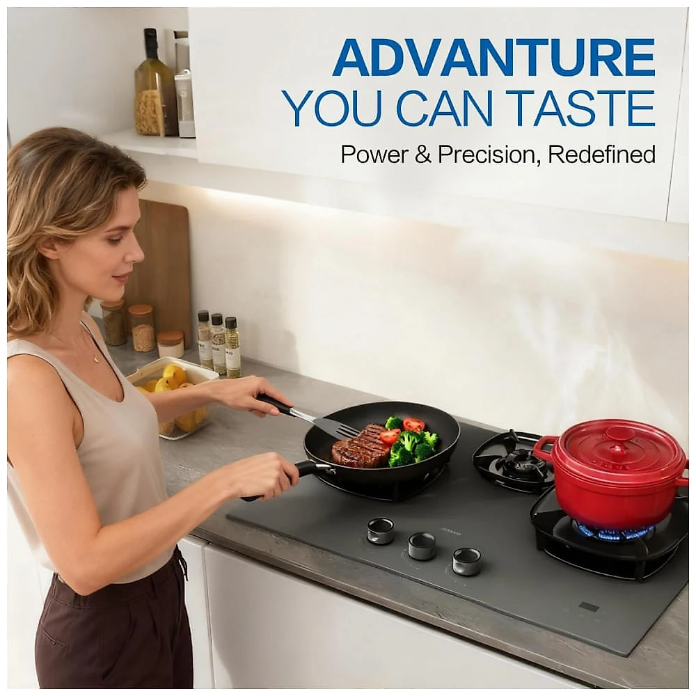 Cooktop a gás de embutir 76cm Robam FireCube vidro temperado cinza 3 queimadores lotus flame 18.000 BTU gás natural e GLP