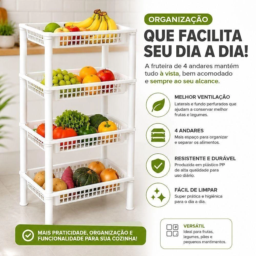 Kit Fruteira de Chão FR-05 Estante Organizadora 4 Andares Plástico PP Branca Yeet