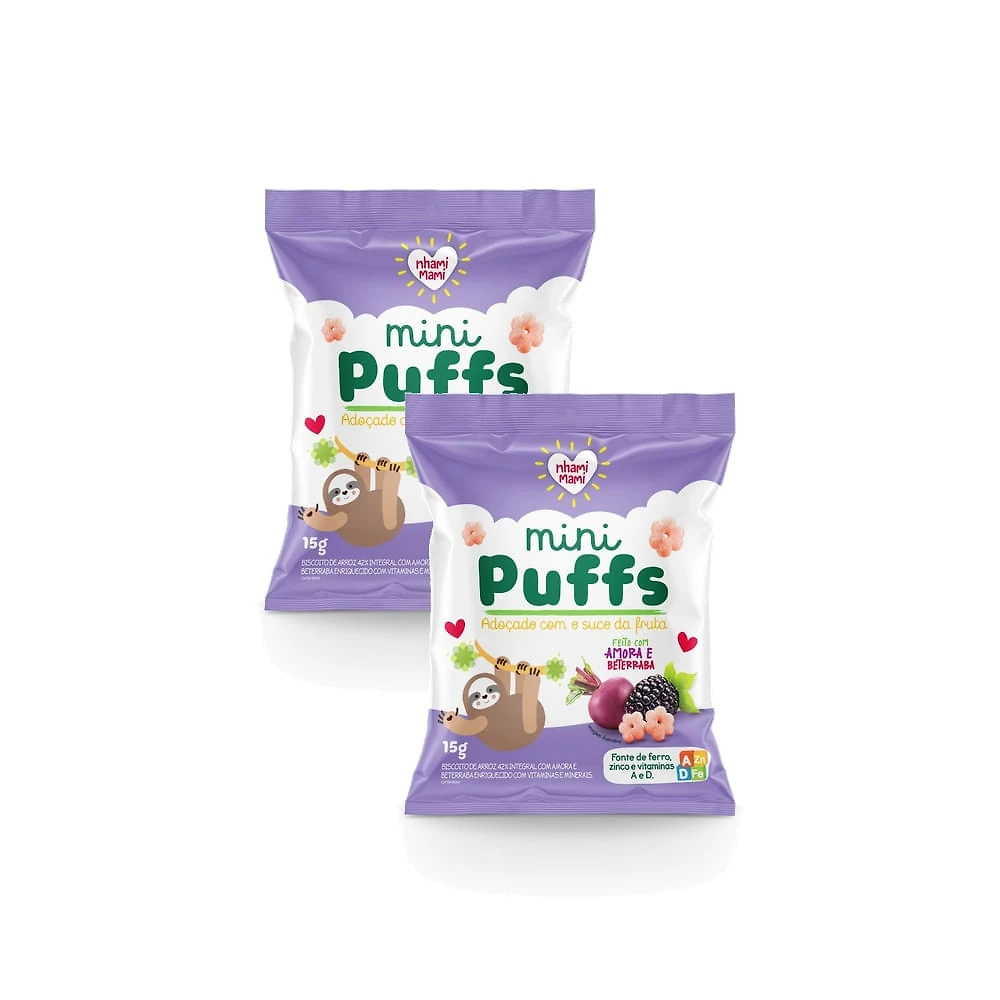 Kit 2 Biscoito de Arroz Nhami Mami Mini Puffs Feito com Amora e Beterraba 15g