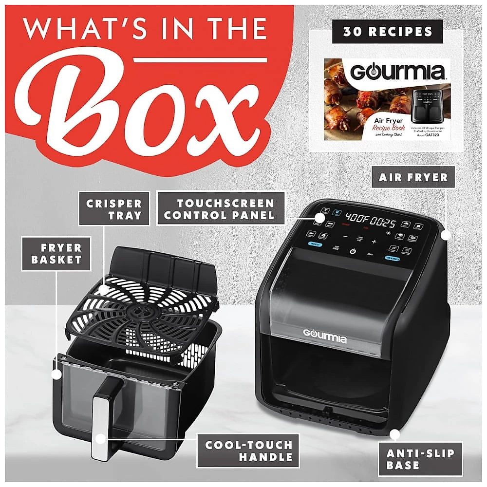 Fritadeira Elétrica Air Fryer Gourmia Preta 6,6L Janela Panorâmica 12 Programas FryForce 360 1500W 110V