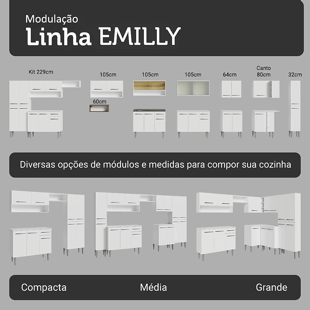 Armário de Cozinha Completa 229cm Branco Emilly Madesa 18 Branco
