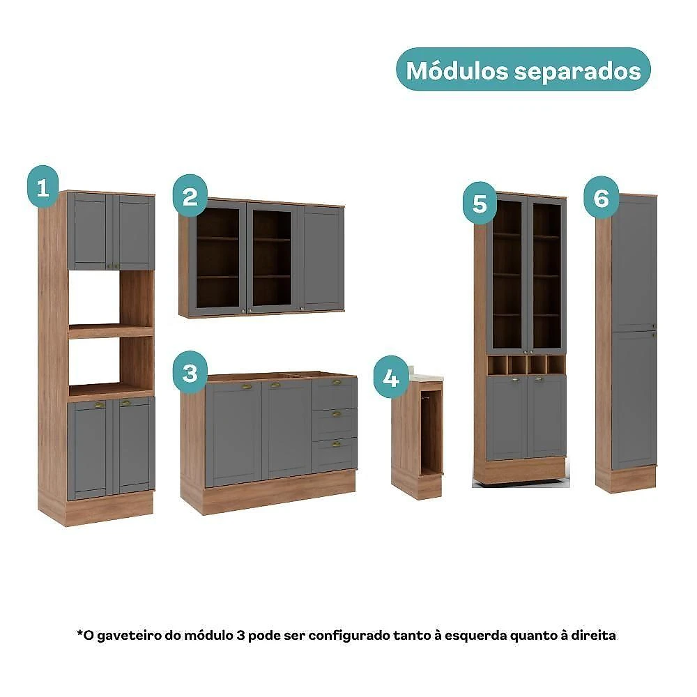 Cozinha Completa com Balcão Milla Living Life 15 Portas 3 Gavetas MDF-MDP 320CM Nogal com Cinza webcontinental-7893455167946