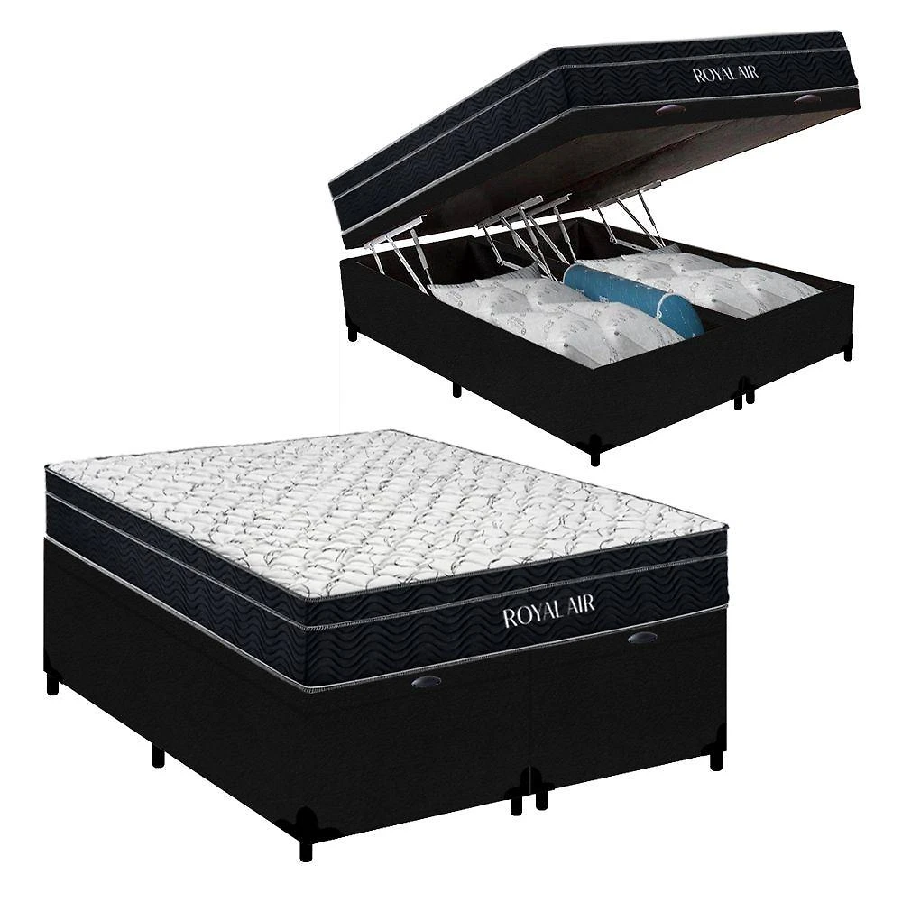 Cama Box Baú Casal Bipartido Royal Air Molas Ensacadas Suede Preto Royal