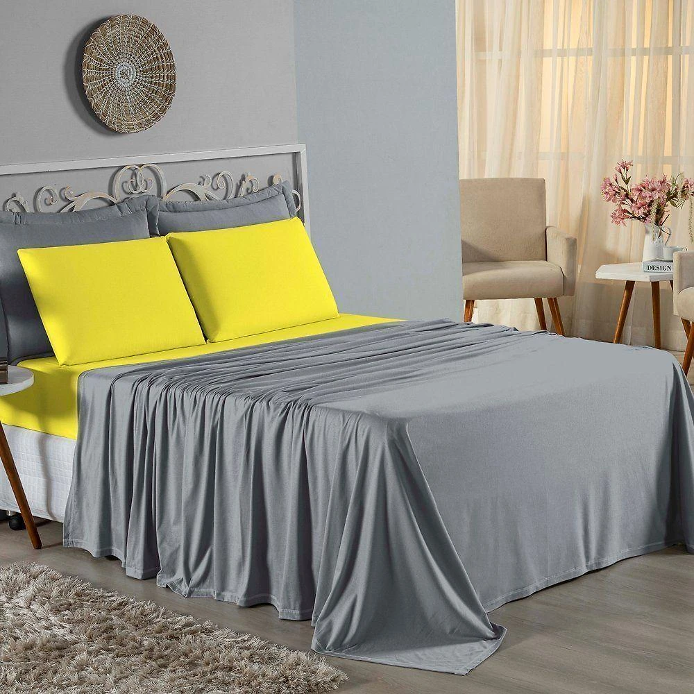 Jogo De Cama Casal Nobre 4 Peças Lençol Com Elástico De 30cm De Altura Malha 100% Algodão - Cinza / Amarelo