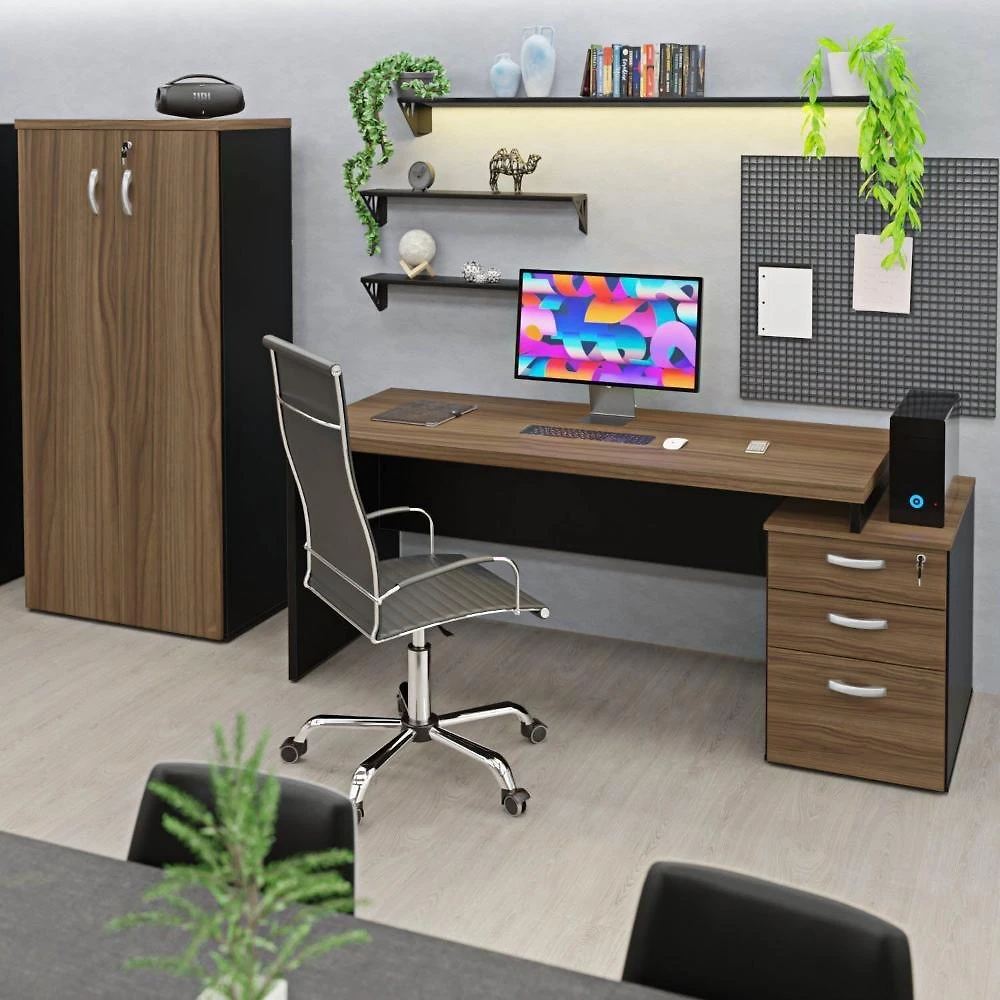 Conjunto Mesa Pedestal e Armário Alto Escritório