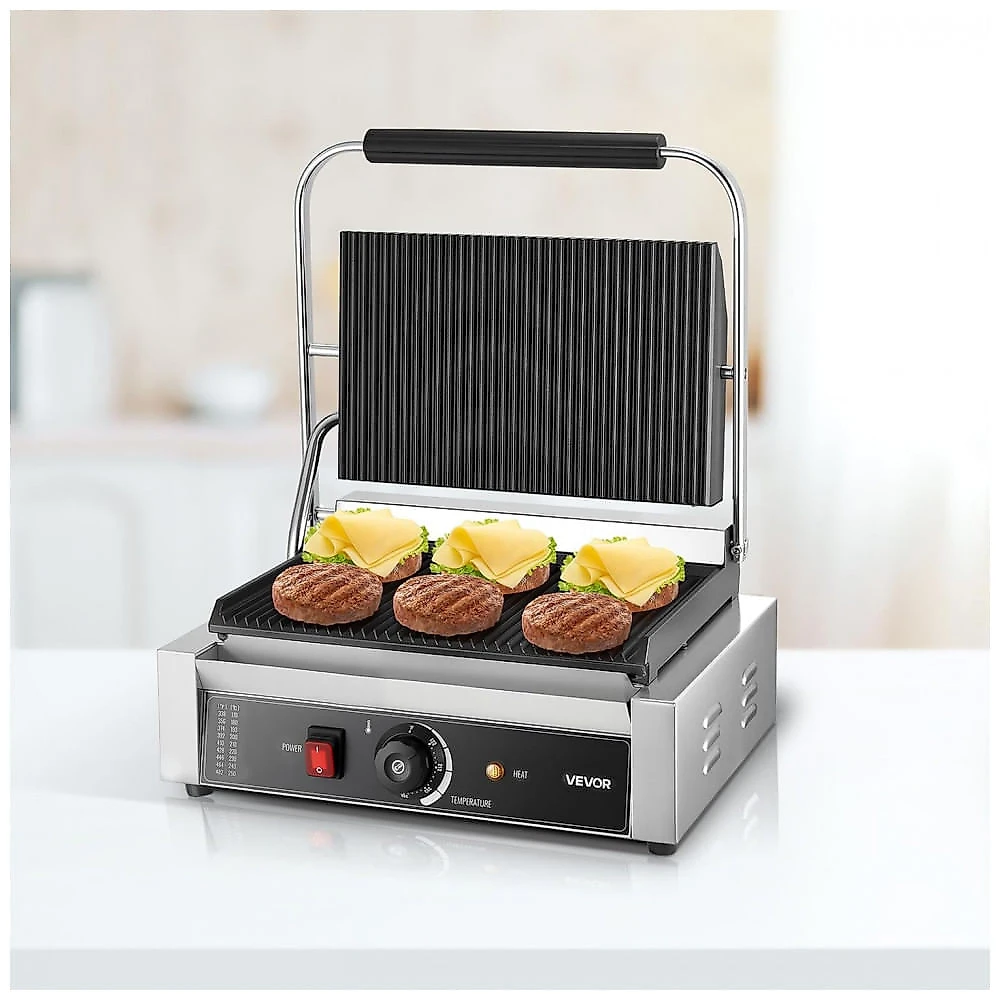 Grill Panini Comercial VEVOR 1800W Inox Placa Canelada 34x24cm Controle de Temperatura 110V