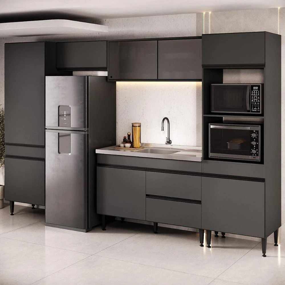 Armário de Cozinha Modulada Completa 9 Portas 1 Gaveta MDP-MDF 313CM Grafite Multimóveis