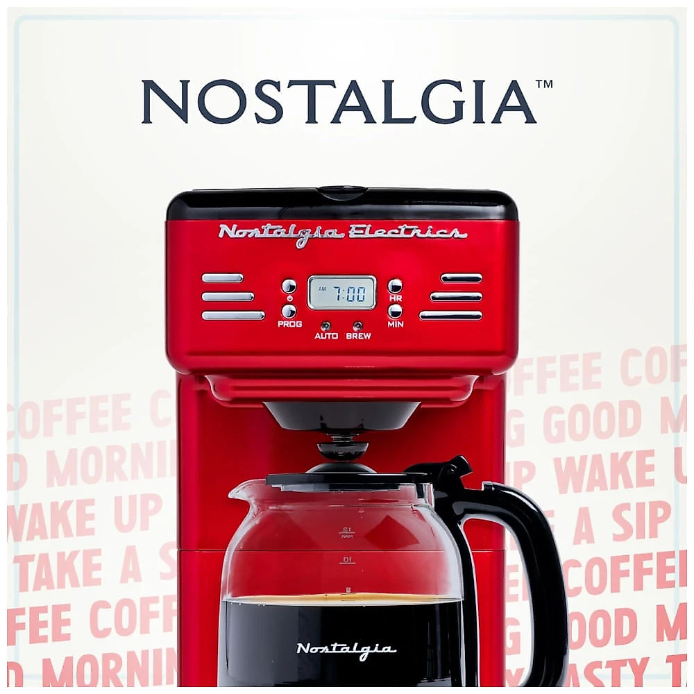 Cafeteira Programável Retrô 12 Xícaras com Display LED e Desligamento Automático, 110V 1000W, Nostalgia, Vermelha