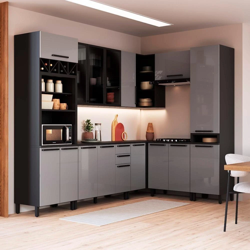Cozinha Completa Modulada de Canto Mônaco 15 Portas 3 Gavetas MDP 469CM Chumbo Titânio Fidelita