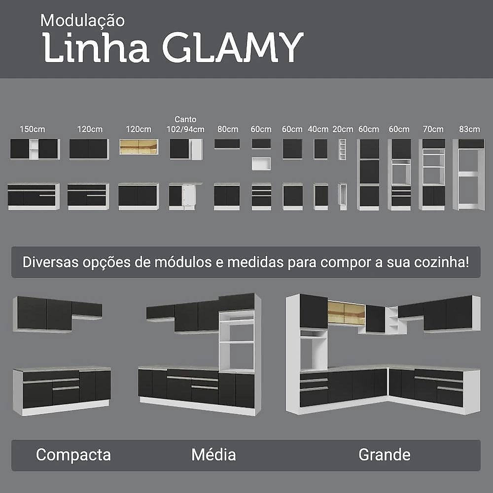 Armário de Cozinha Compacta 190cm Branco/Preto Glamy Madesa 05 Branco/Preto