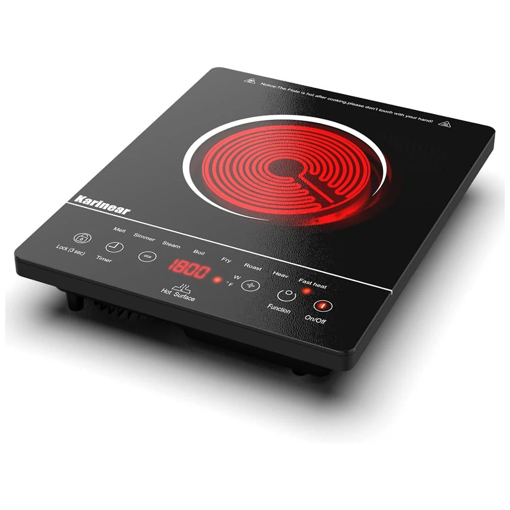 Cooktop Eltrico de Infravermelho Porttil com Trava de Segurana para Crianas, Temporizador e Indicador de Calor Residual, 110V 1800W, Karinear, Preto