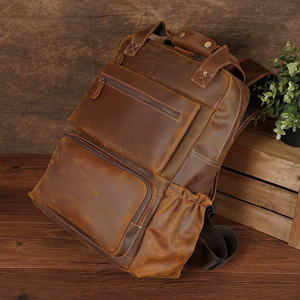 TIDING Mochila Unissex de Couro Genuíno para Laptop 43 cm Marrom