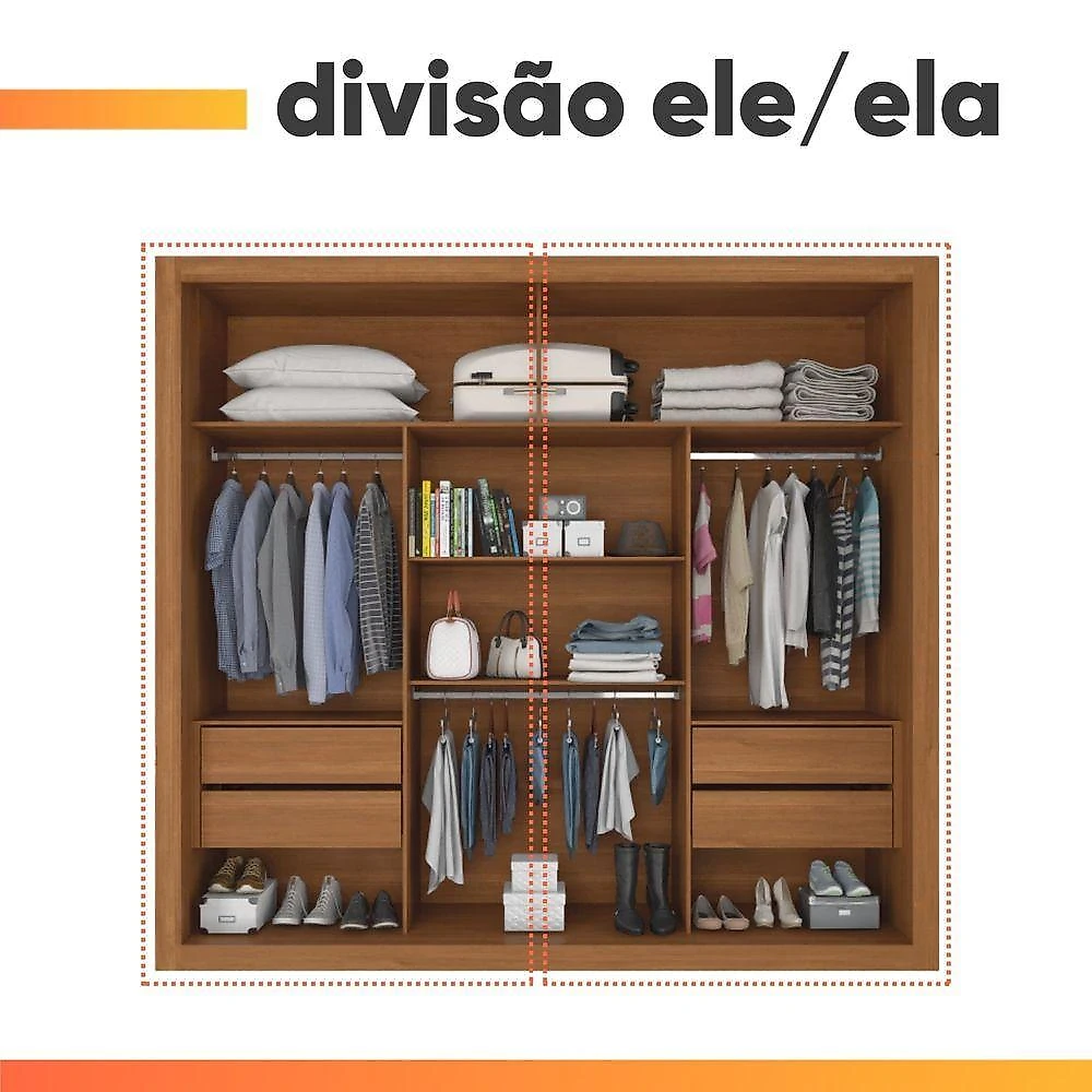 Guarda Roupas Casal Ripado Com Espelho 2 Portas De Correr 4 Gavetas Vitta Madeirado