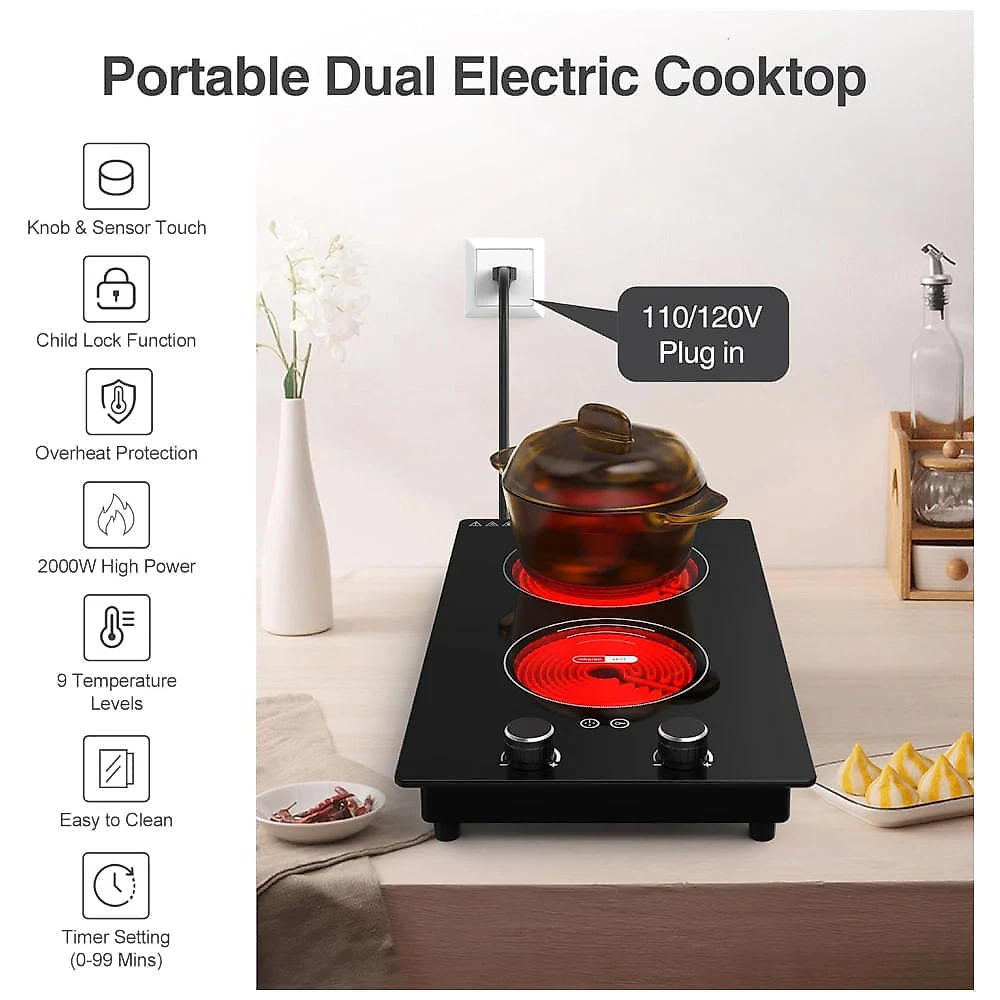 Cooktop Eltrico de Induo Porttil com Queimador Duplo, 9 Nveis de Potncia, Trava para Crianas, Temporizador, Indicador de Superfcie Quente e Proteo 110v