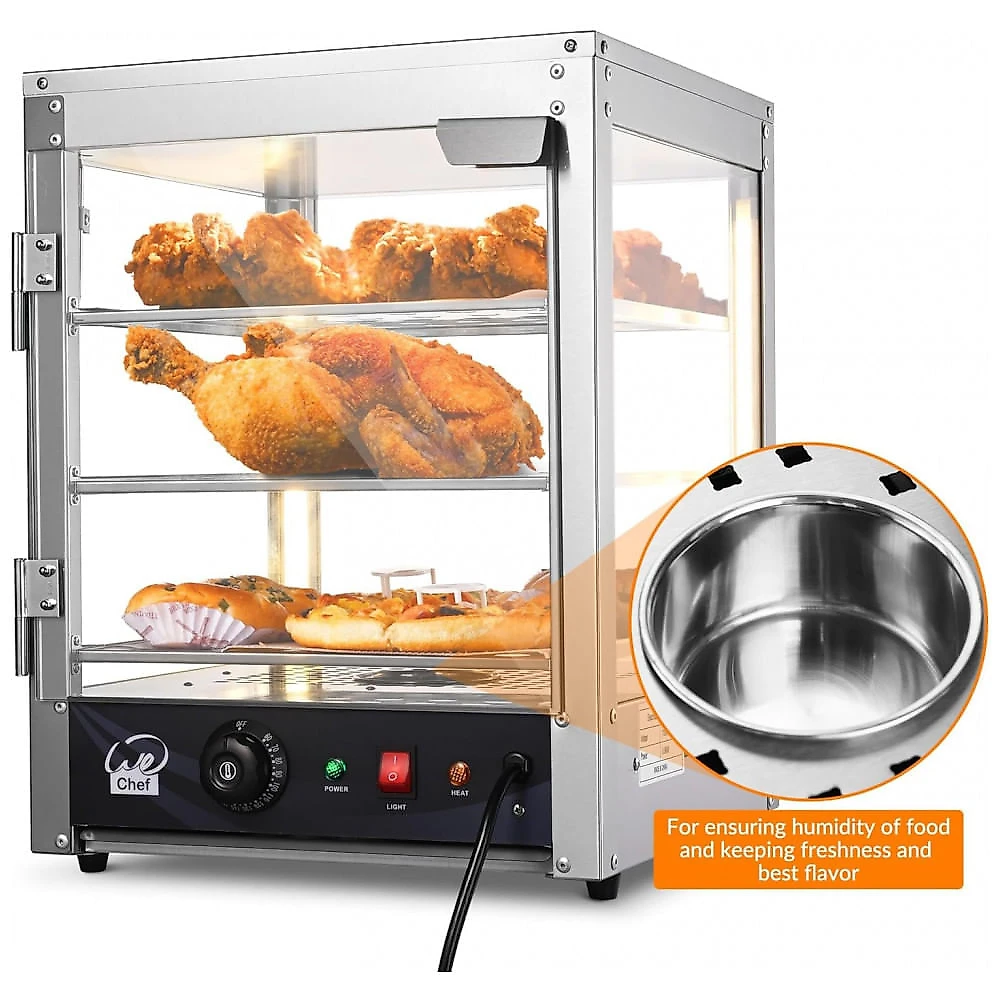 Expositor Aquecedor de Alimentos WeChef 3 Andares 38 cm Pizza Aquecedor Elétrico com Iluminação LED Ajustável Aço Inoxidável 600W 57-85°C (112
