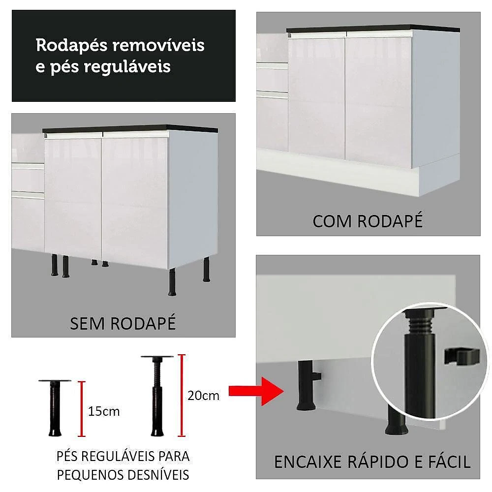 Cozinha completa 100% mdf madesa acordes 330006 com armário e balcão - frentes branco brilho