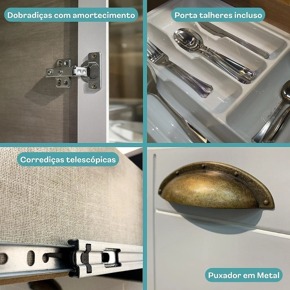 Cozinha Milla Bee Fit 8 Portas 3 Gavetas MDF 265CM Branca com Puxadores Dourados Móveis Carraro