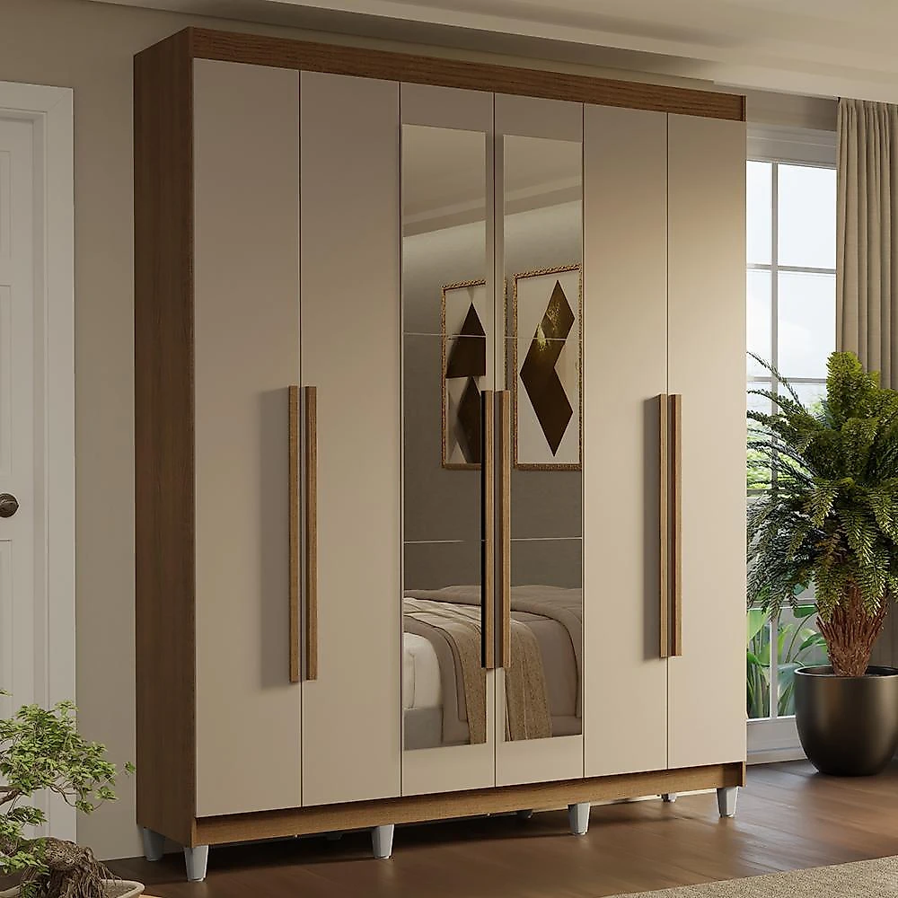 Guarda-roupa casal com pés 6 portas batentes com espelho rustic/crema/rustic saturno madesa