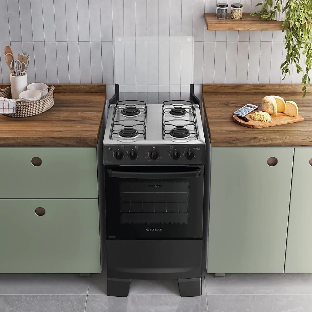 Fogão 4 Bocas Atlas Mônaco Plus Mesa Inox Bivolt Preto