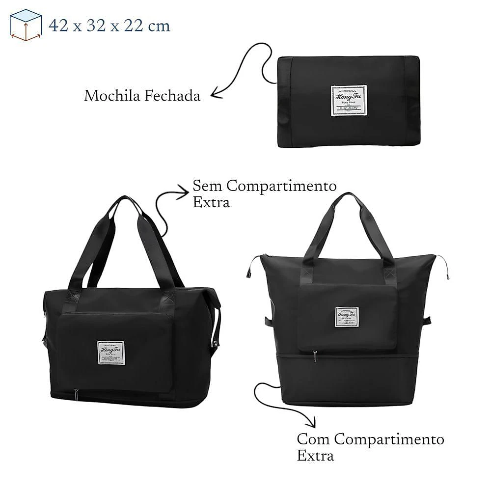 Bolsa De Viagem Mochila Dobrável Grande Impermeável Preta
