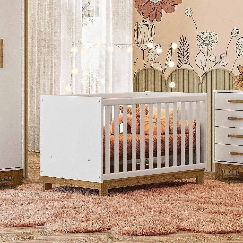Quarto para Bebê Completo 3 Peças Guarda-Roupa, Cômoda e Berço Encanto Slim Conjunto para Quarto de Bebê Encanto Slim Branco Acetinado