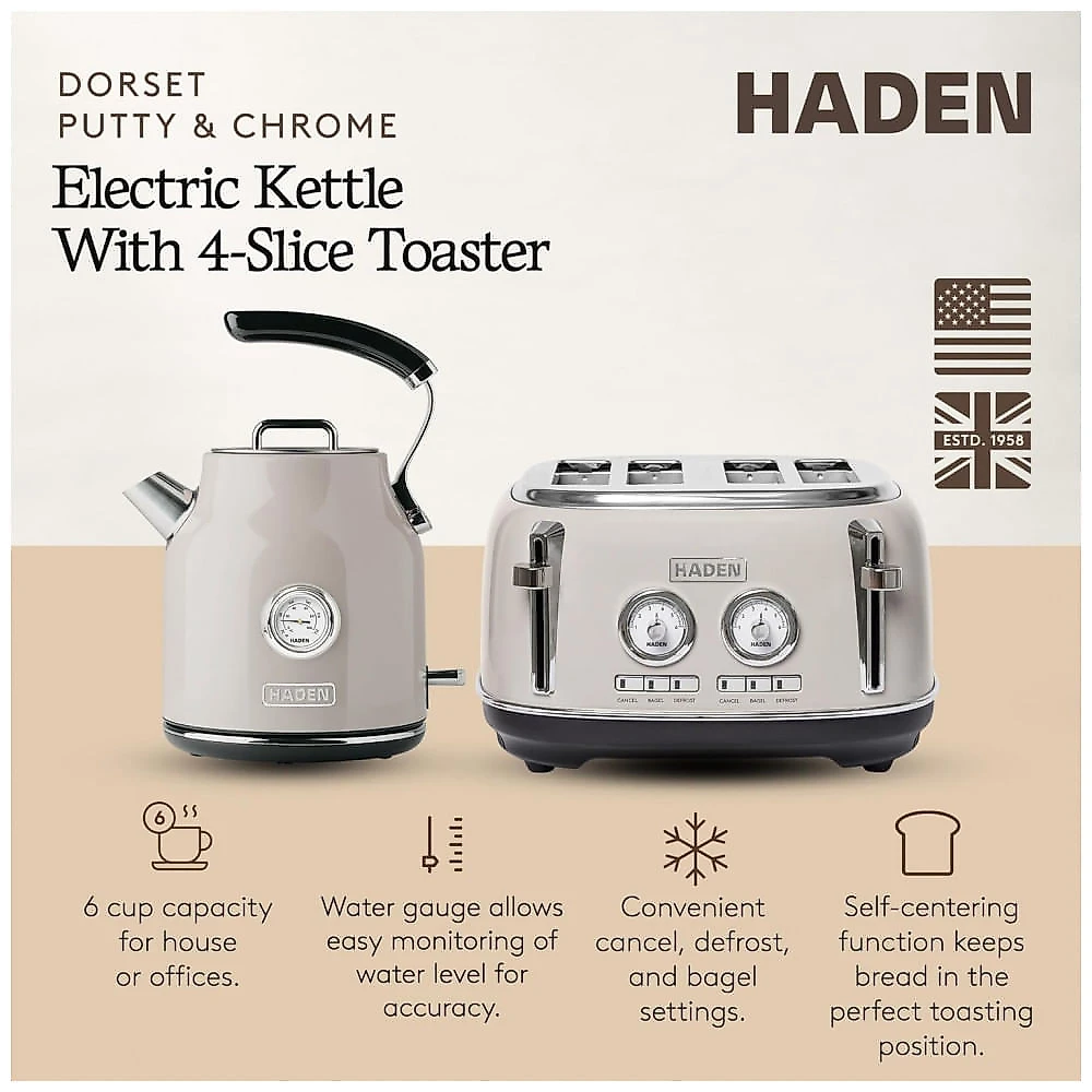 Conjunto torradeira 4 fatias e chaleira elétrica HADEN Dorset inox putty e cromada 1,7L 1500W 110V