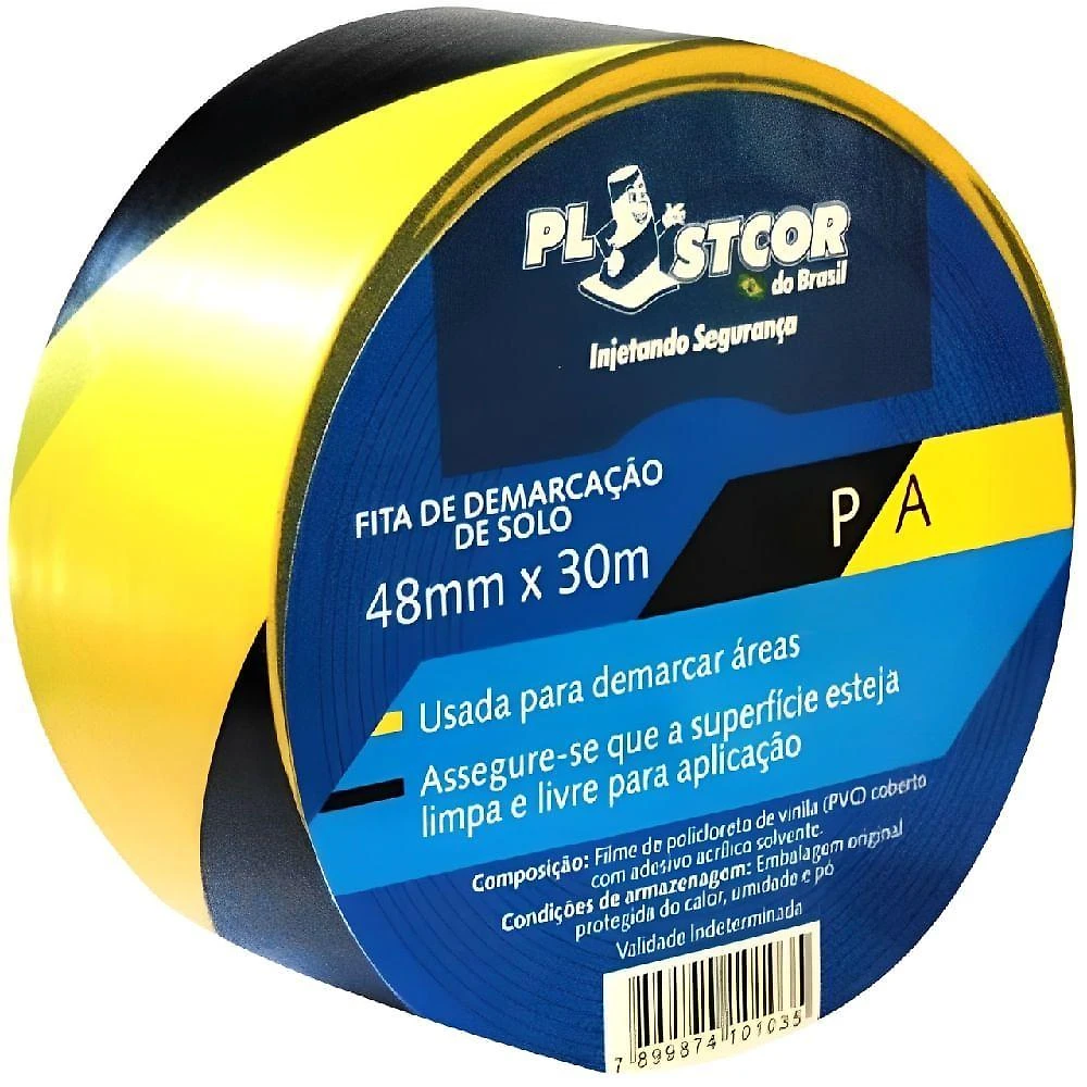 Fita de Demarcação 700.01516 em PVC 48mmx30m Preto Amarelo para Isolamento Plastcor do Brasil