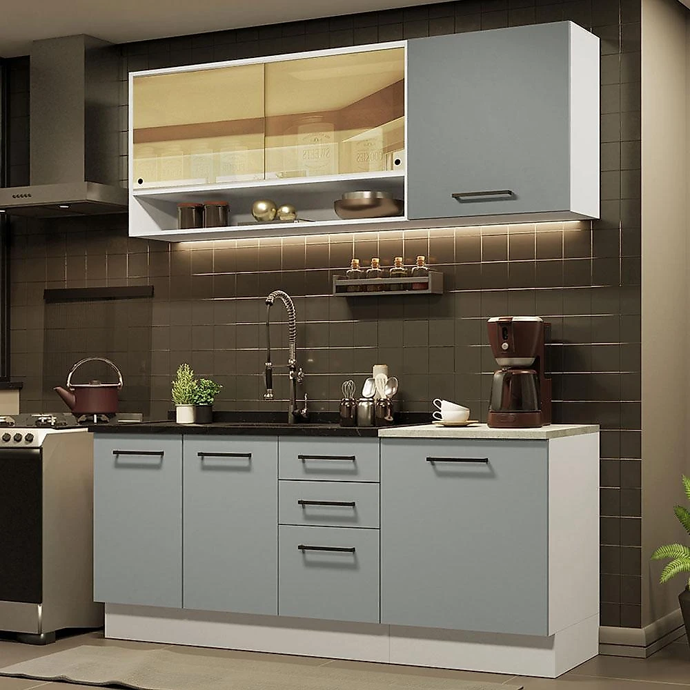 Cozinha compacta madesa agata 180002 com armário e balcão (sem tampo e pia) - branco/cinza