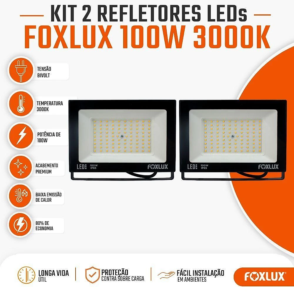 Refletor LED LED38.23 100W IP65 Iluminação Direcionável Preto Foxlux Kit com 2