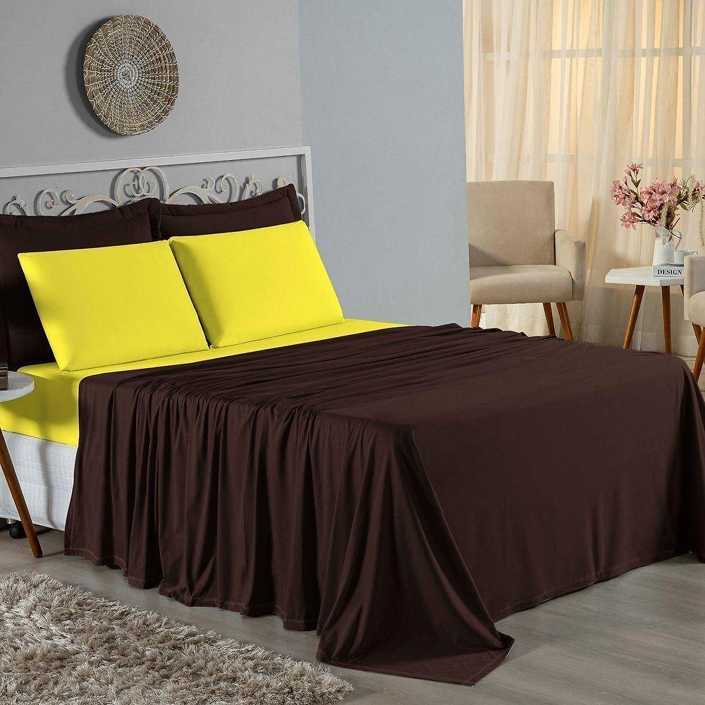 Jogo De Cama Solteiro Nobre 3 Peças Lençol Com Elástico De 30cm De Altura Malha 100% Algodão - Marrom / Amarelo