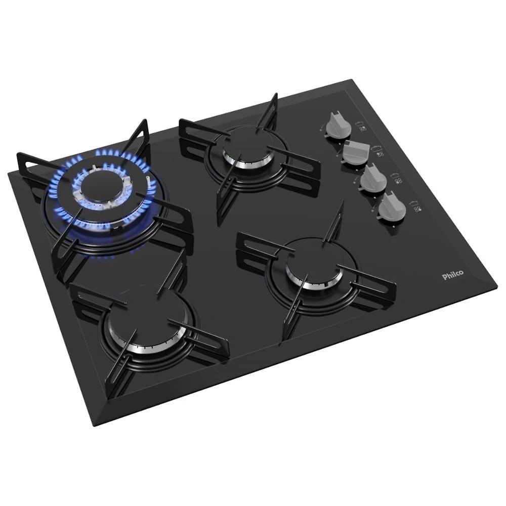 Cooktop a Gás Philco Cook Chef 4 Bocas Vidro Temperado Tripla Chama Acendimento Automático Preto Bivolt
