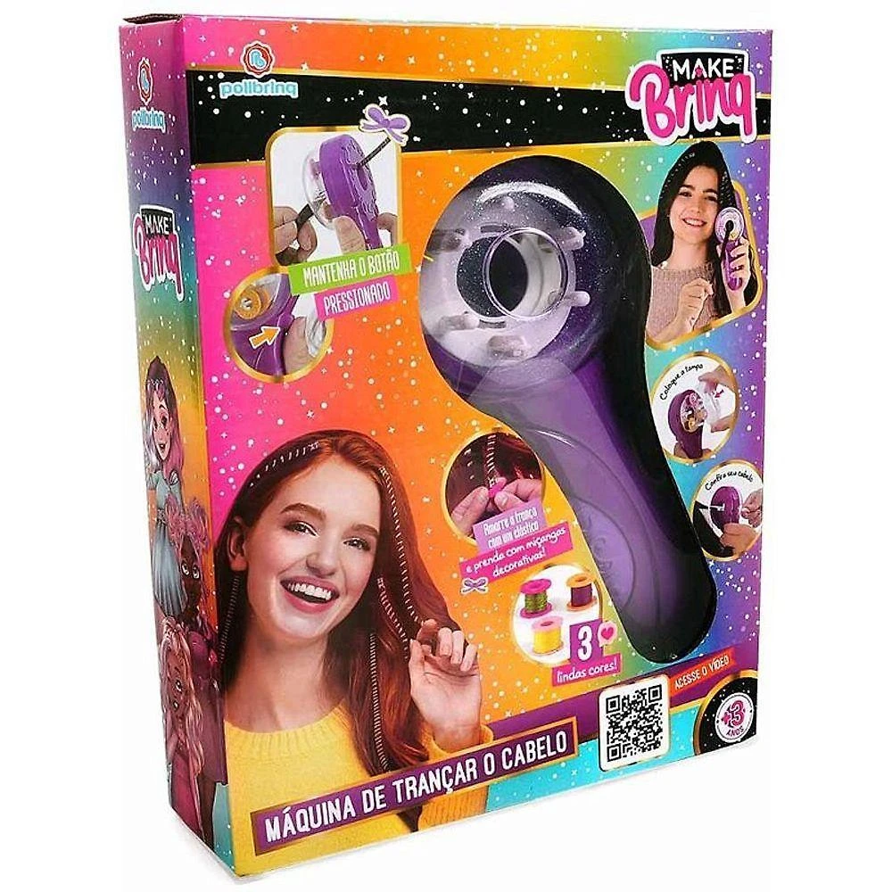 Kit Infantil Make Brinq Trança Cabelo com Máquina e Fios Coloridos Polibrinq
