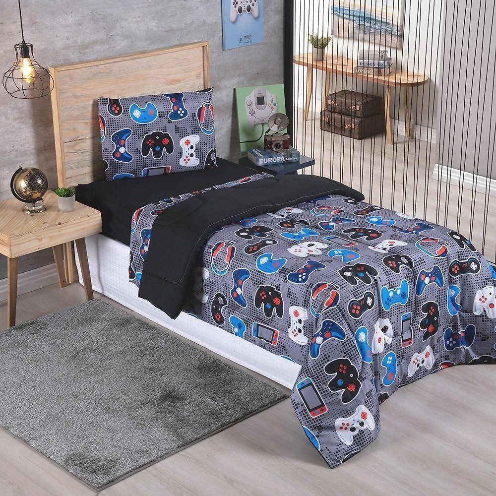 Edredom e Jogo de Cama Alegria Infantil Solteiro 3 Peças Micropercal 200 Fios Play Game Enxovais