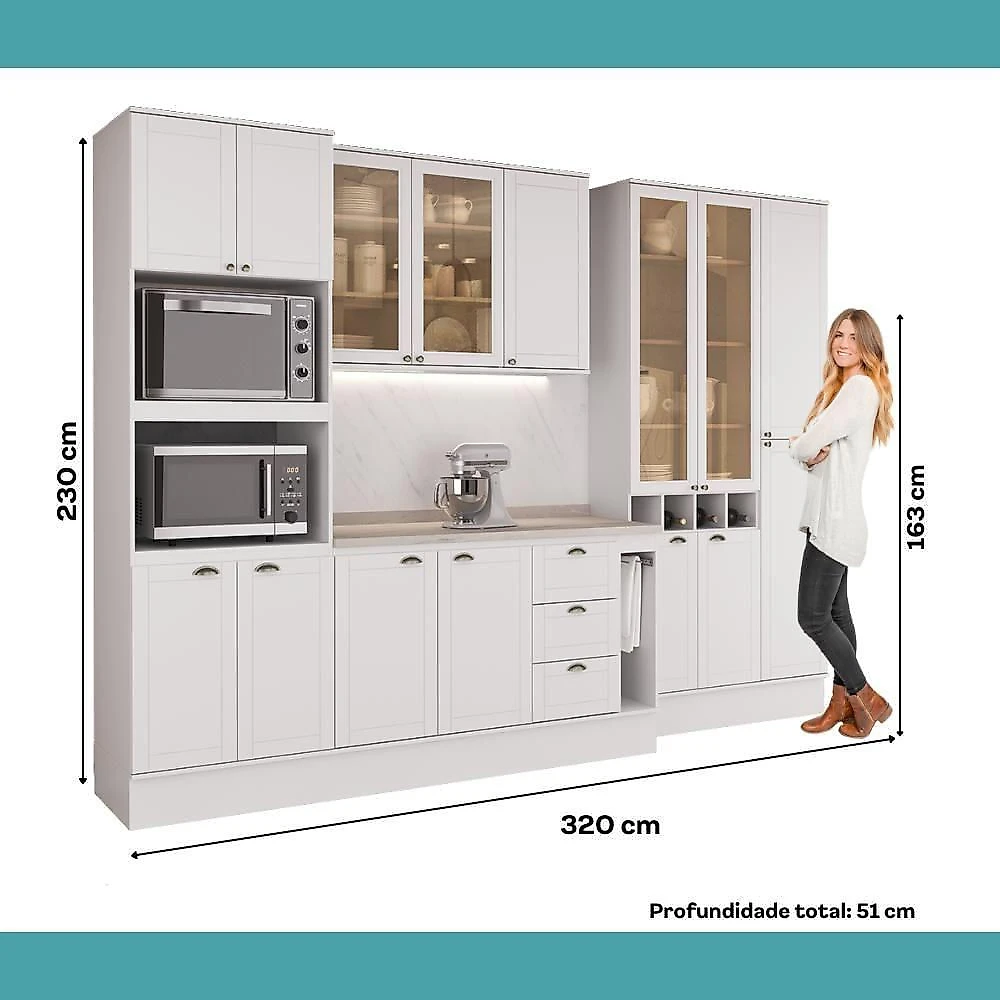Cozinha Milla Nora 15 Portas 3 Gavetas MDF 320CM Branca Móveis Carraro