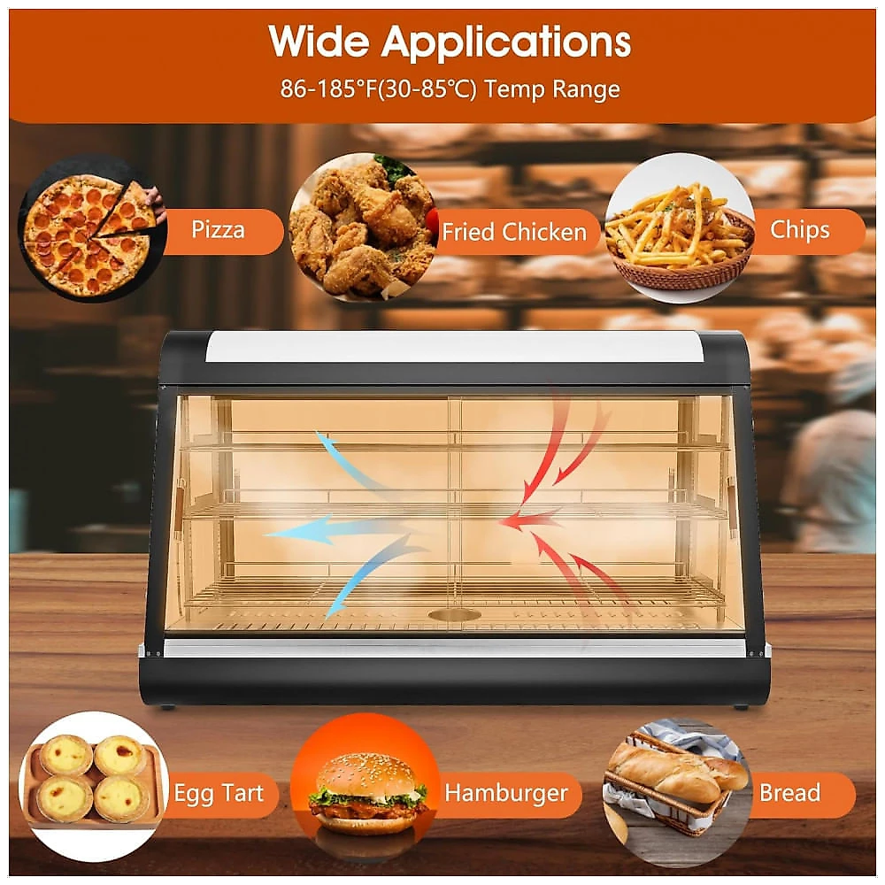 Aquecedor de Alimentos 3 Andares Whalefall Preto Aquecimento 3D Portas de Vidro Deslizantes 122 cm 2000W para Buffet e Restaurantes