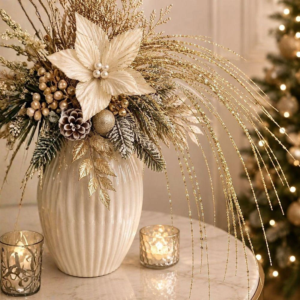 Enfeite Natalino Galho Pendente com Lantejoulas Efeito Luminoso Dourado Yangzi 70CM