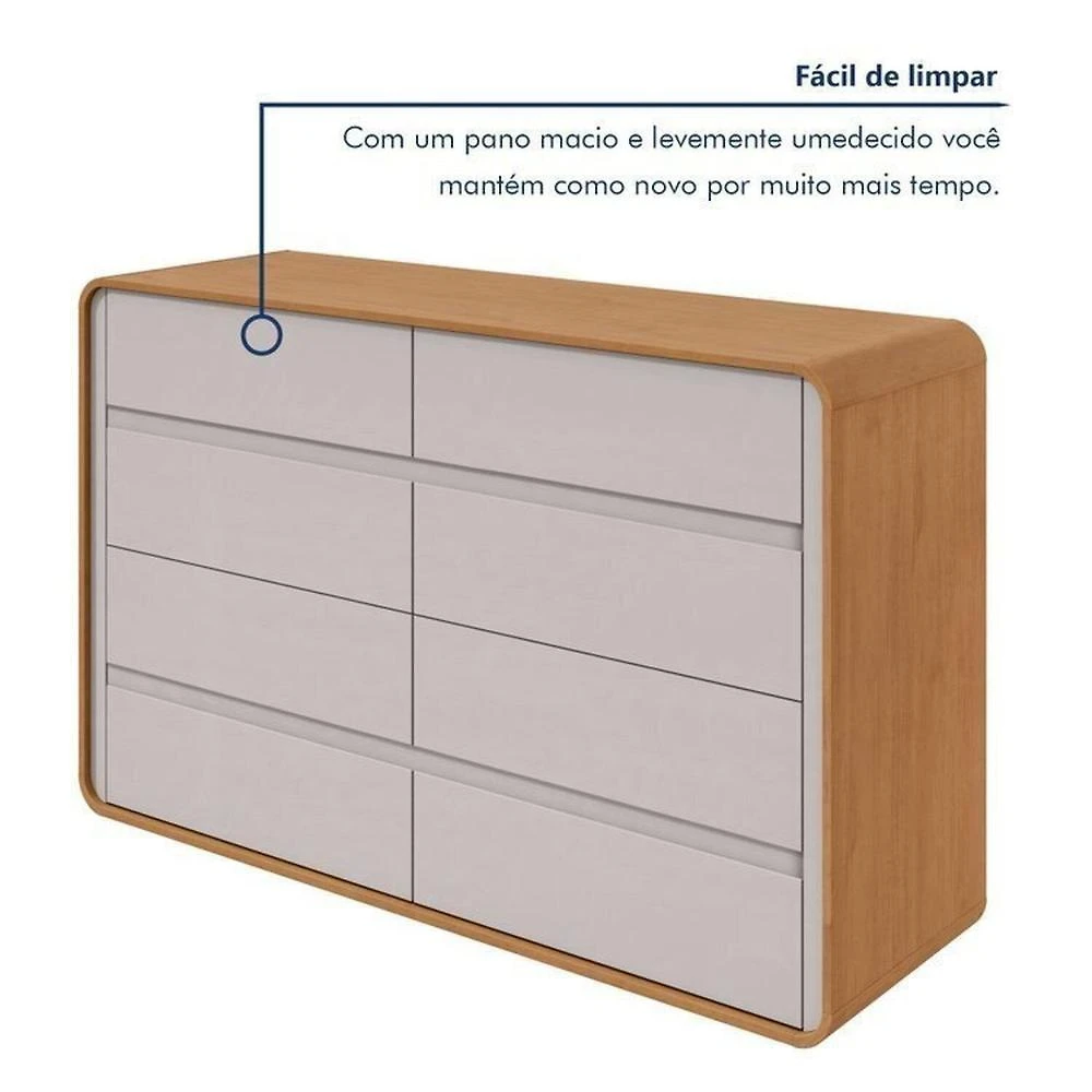 Miniatura Quarto Completo Cama Solteiro com Cômoda 8 Gavetas e Mesa de Cabeceira Amêndoa Clean/Off White