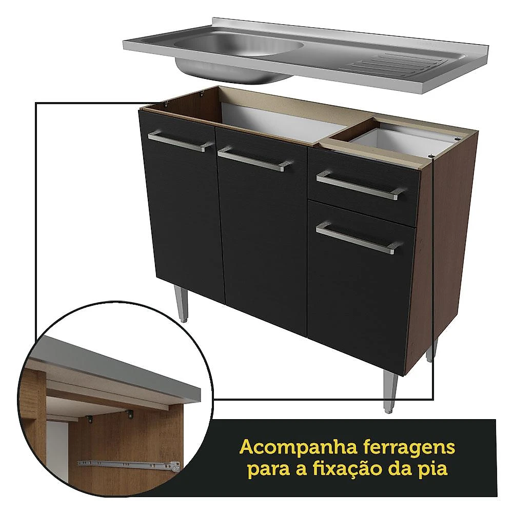 Armário de Cozinha Compacta 169cm com Pia Rustic/Preto Emilly Madesa 11 Rustic/Preto