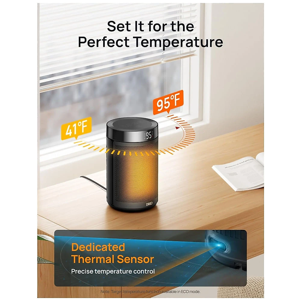 Aquecedor Dreo Space Heater: Potente, Portátil e Seguro para Casa e Escritório, 1500W com Termostato, Display Digital e Modo Eco, Preta