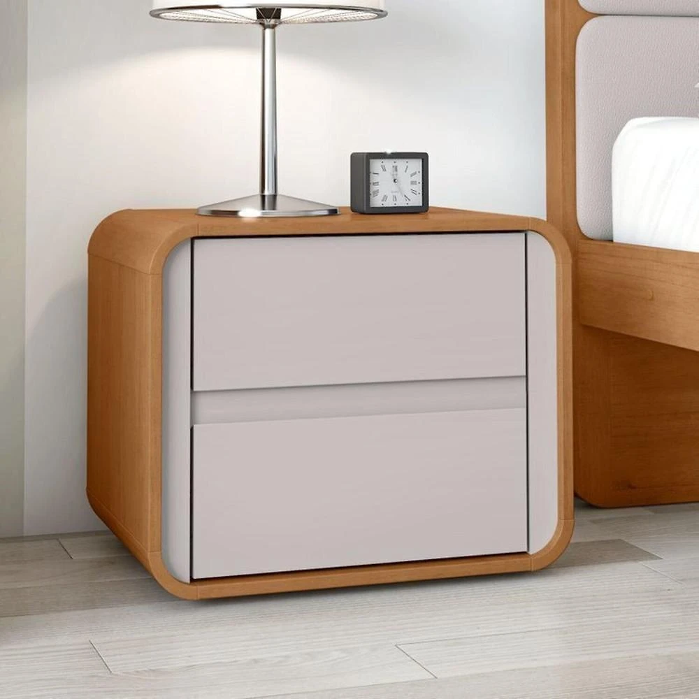 Quarto Completo Cama Solteiro com Cômoda 8 Gavetas e Mesa de Cabeceira Amêndoa Clean/Off White