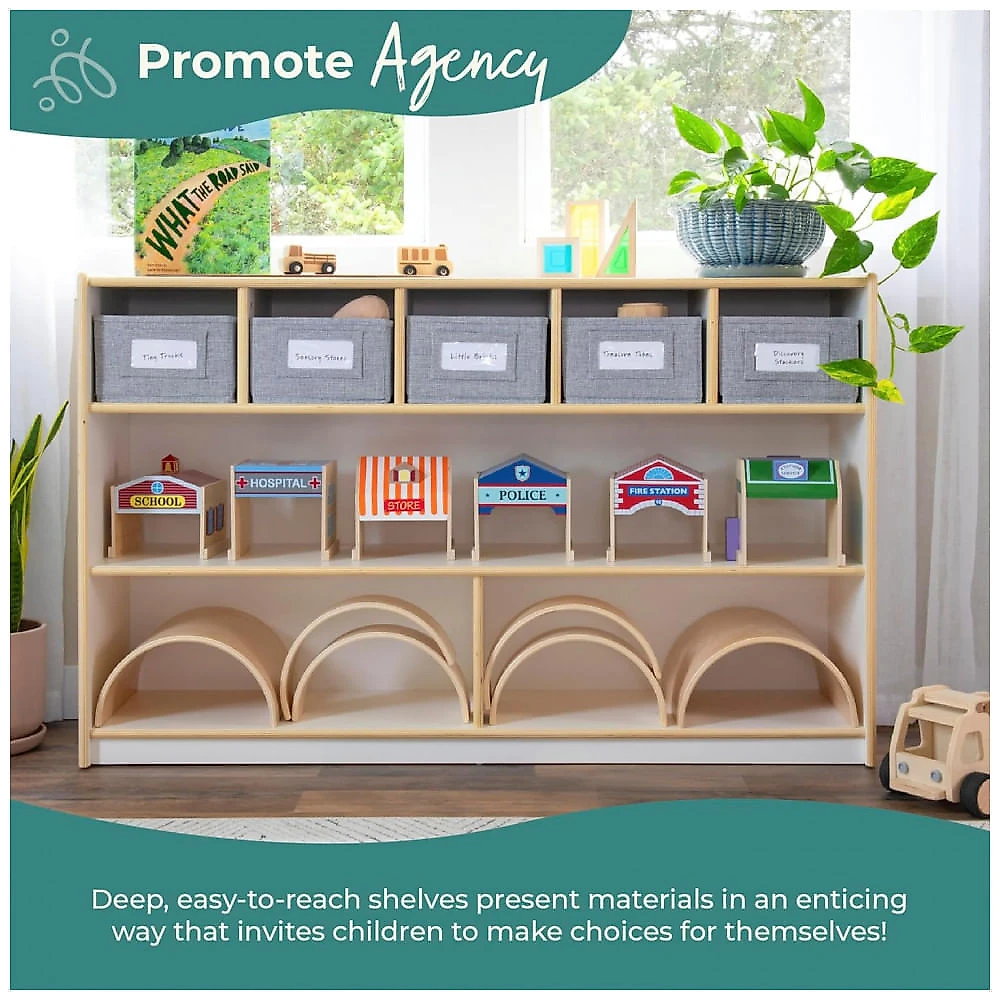 Estante baixa Guidecraft EdQ Shelves and 5 Bin Storage Unit 30" Branca com 2 prateleiras e 5 nichos com caixas de tecido 122cm