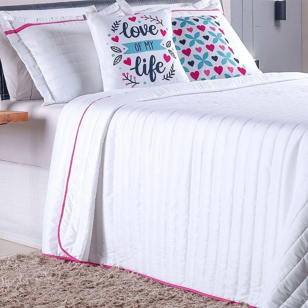 Kit Cobre Leito 5 Peças Queen Inove Percal 200 Fios 100% Poliéster - Love Branco/pink