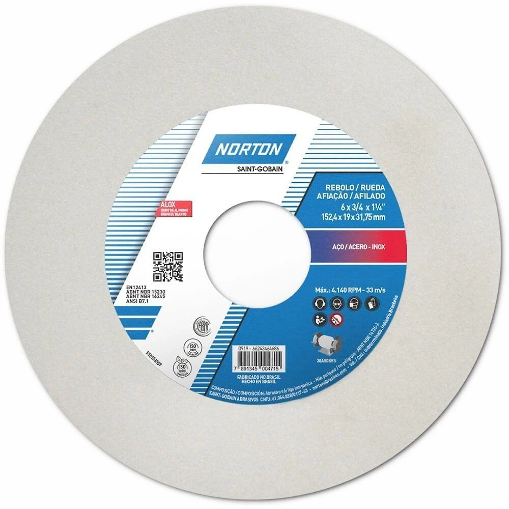 Rebolo 38A 46 KVS para Afiação de Ferramentas de Aço 152,4x19,0x31,75mm Branco Norton